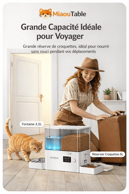 Femme préparant un voyage avec distributeur automatique ROJECO 2-en-1 pour chat et chien, capacité 8.5L, fontaine 3.5L et réservoir croquettes 5L, chat roux à côté