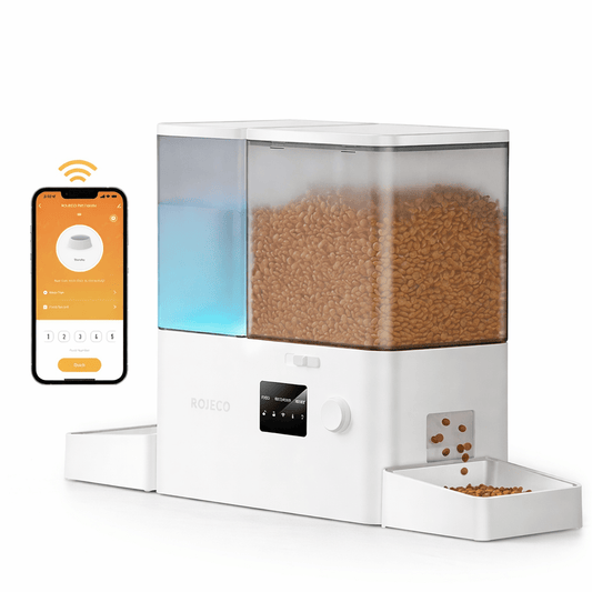 Distributeur automatique pour chat ROJECO WiFi 2-en-1 avec réservoir 8,5L, fontaine intégrée et contrôle via application.