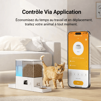 Distributeur automatique ROJECO WiFi avec contrôle via application, réservoir de croquettes et chat montrant l’utilisation du feeder.