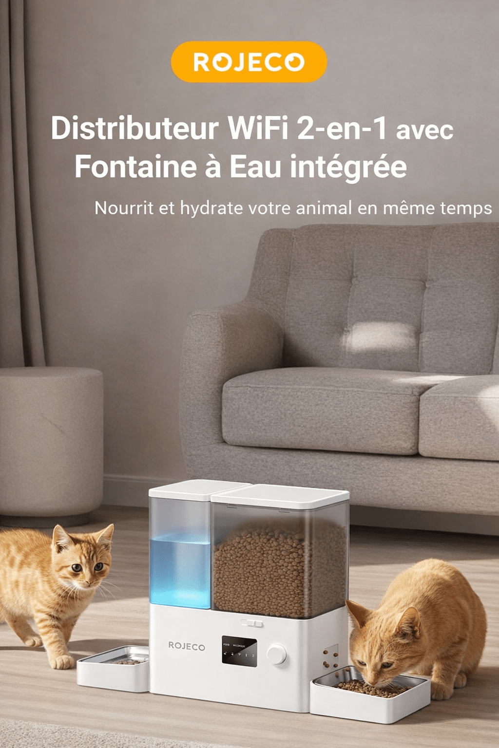 Distributeur ROJECO WiFi 2-en-1 avec fontaine à eau intégrée, deux chats utilisant l’appareil dans un salon moderne.