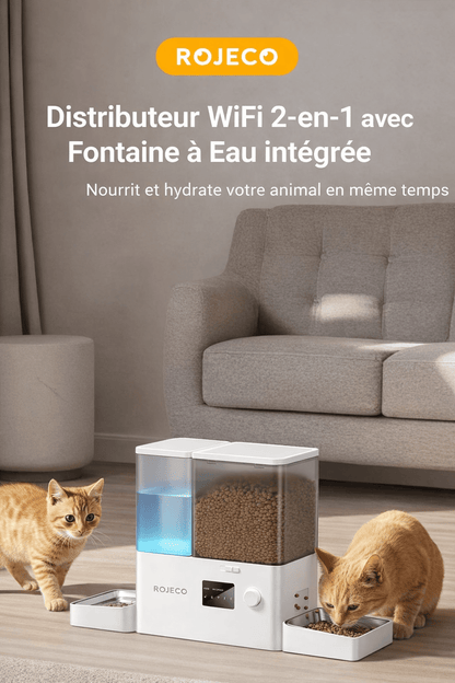 Distributeur ROJECO WiFi 2-en-1 avec fontaine à eau intégrée, deux chats utilisant l’appareil dans un salon moderne.