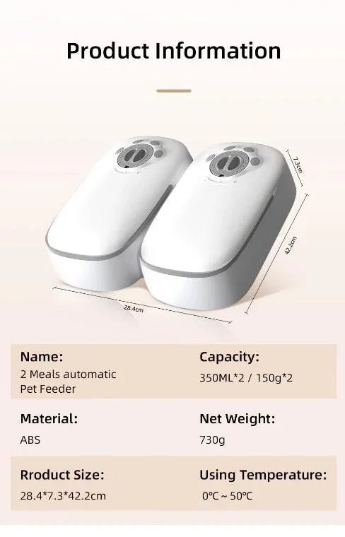 Spécifications distributeur automatique chat - 2 compartiments 350ml, dimensions 28x7x42cm, poids 730g, matériau ABS