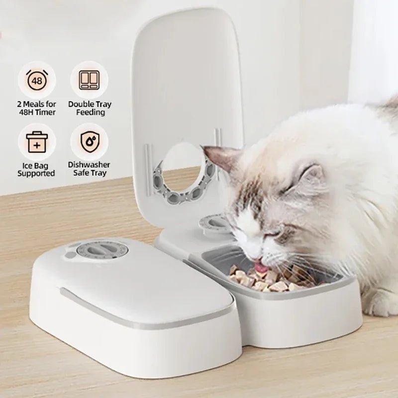 Distributeur automatique chat programmable 48h avec double gamelle, support packs de glace et lavable au lave-vaisselle
