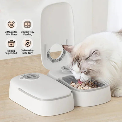 Distributeur automatique chat programmable 48h avec double gamelle, support packs de glace et lavable au lave-vaisselle