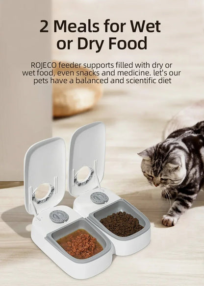 Distributeur automatique chat compatible aliments humides et secs - pâtée et croquettes - 2 compartiments