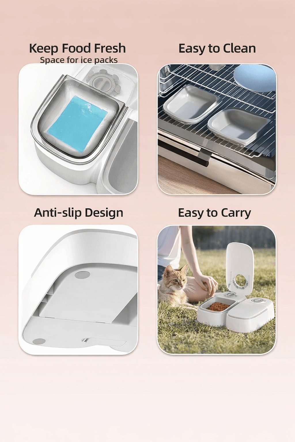 Distributeur chat avec packs de glace pour fraîcheur, lavable lave-vaisselle, base antidérapante et design compact portable