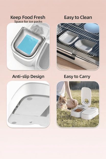 Distributeur chat avec packs de glace pour fraîcheur, lavable lave-vaisselle, base antidérapante et design compact portable