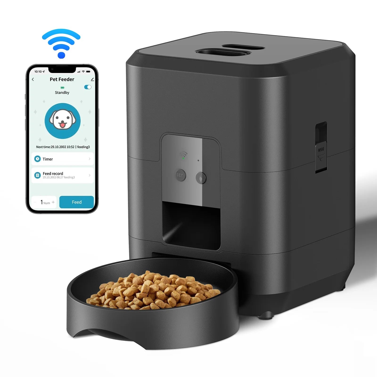 Distributeur automatique SmartFeeder noir avec connexion WiFi et bol de croquettes pour chat.