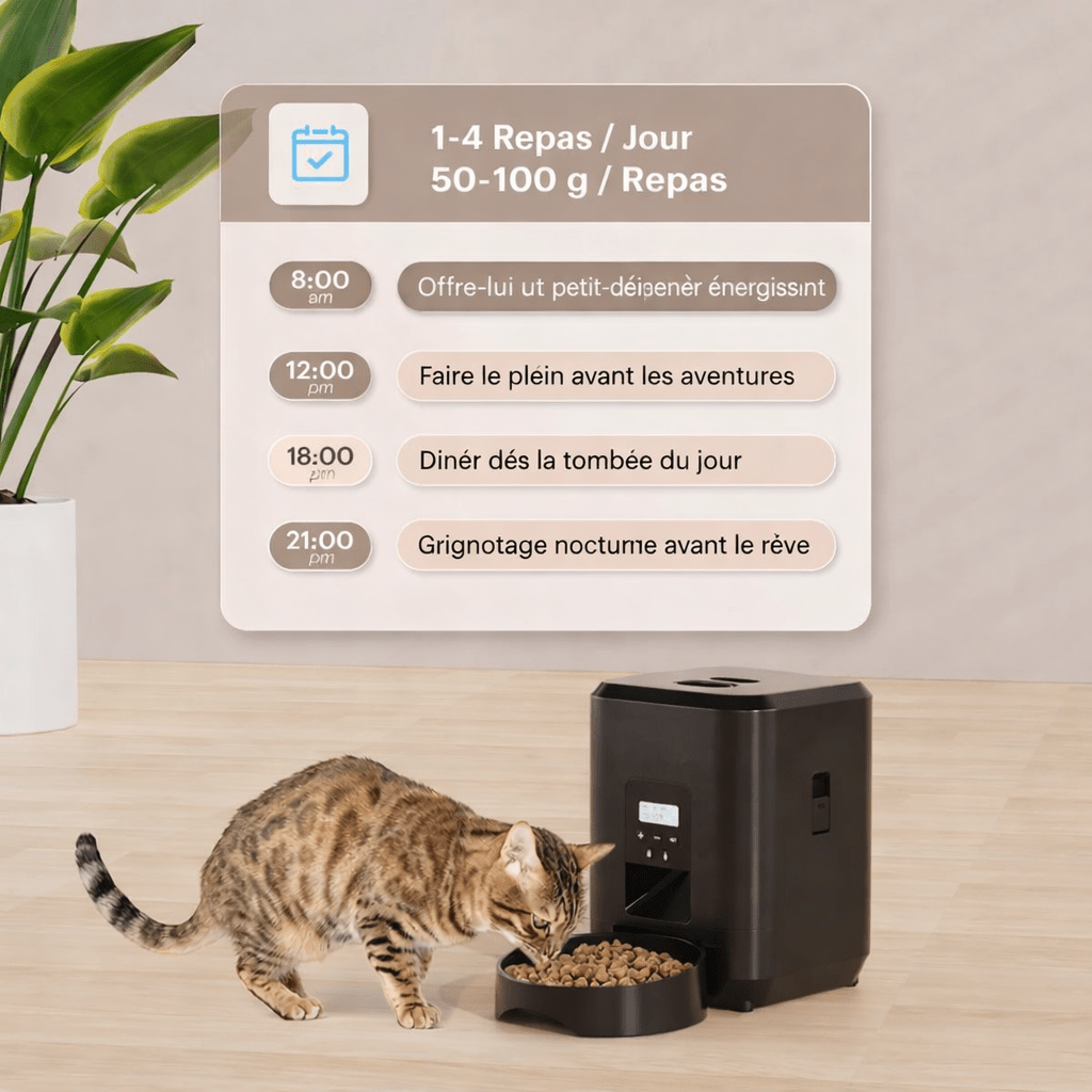 SmartFeeder avec programmation des repas, de 1 à 4 repas par jour et portions ajustables.