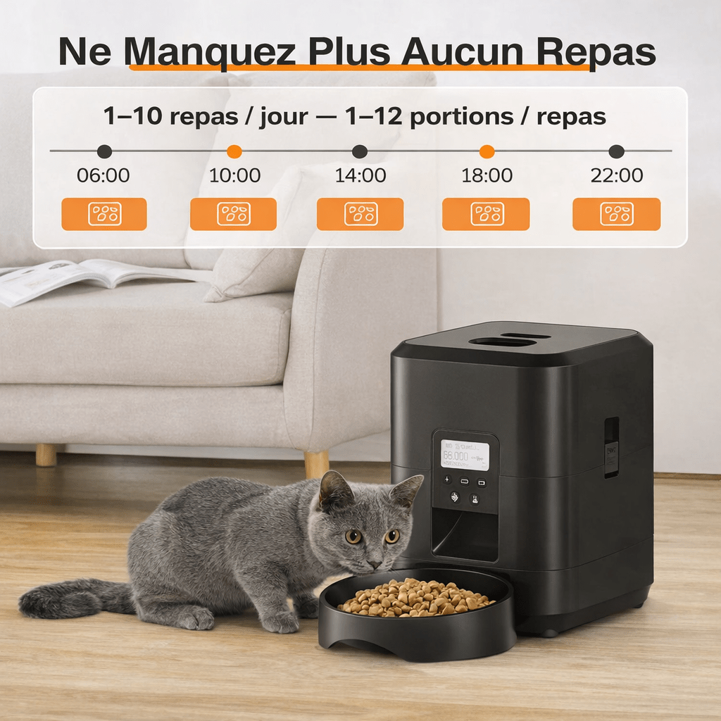 SmartFeeder avec programmation des repas, de 1 à 10 repas par jour et portions ajustables.