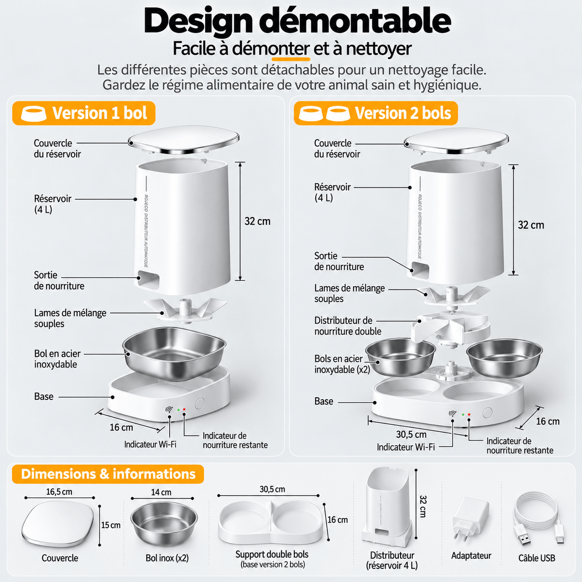 Vue éclatée du distributeur automatique de croquettes ROJECO 4 L, comparant les versions à un et deux bols en inox, avec pièces démontables et dimensions.