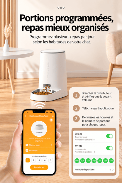 Distributeur automatique de croquettes pour chat ROJECO 4 L avec application mobile permettant de programmer les horaires des repas et de régler les portions.