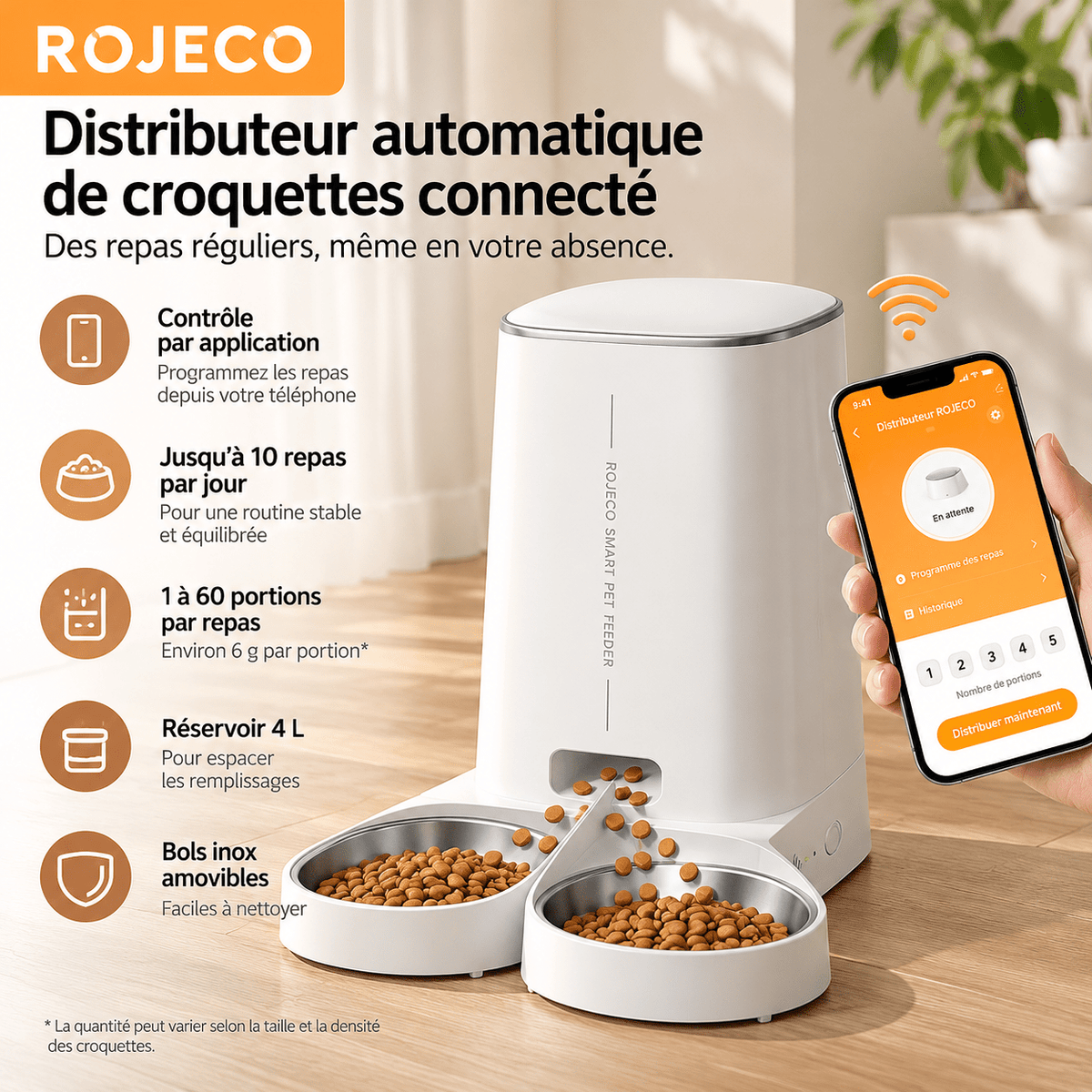 Distributeur automatique de croquettes pour chat ROJECO Wi-Fi 4 L à deux bols inox, avec contrôle par smartphone et portions programmables.