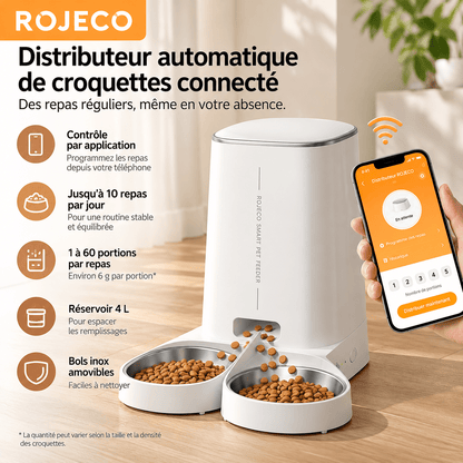 Distributeur automatique de croquettes pour chat ROJECO Wi-Fi 4 L à deux bols inox, avec contrôle par smartphone et portions programmables.
