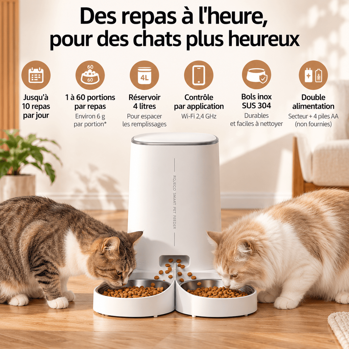 Deux chats mangent dans un distributeur automatique de croquettes ROJECO Wi-Fi 4 L à deux bols, avec repas programmables et portions réglables.