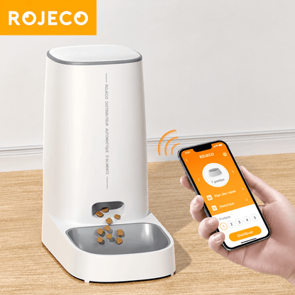 Distributeur automatique de croquettes pour chat ROJECO 4 L Wi-Fi, avec bol en inox et programmation des repas depuis un smartphone.