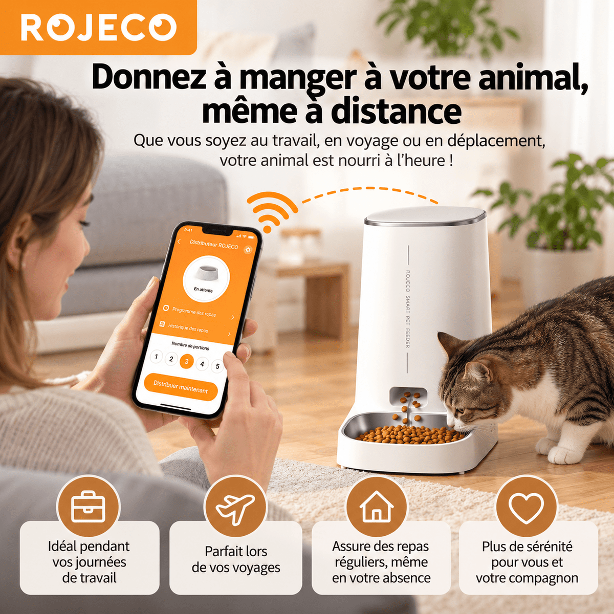 Une femme utilise son smartphone pour contrôler un distributeur automatique de croquettes ROJECO Wi-Fi 4 L pendant qu'un chat mange dans son bol.