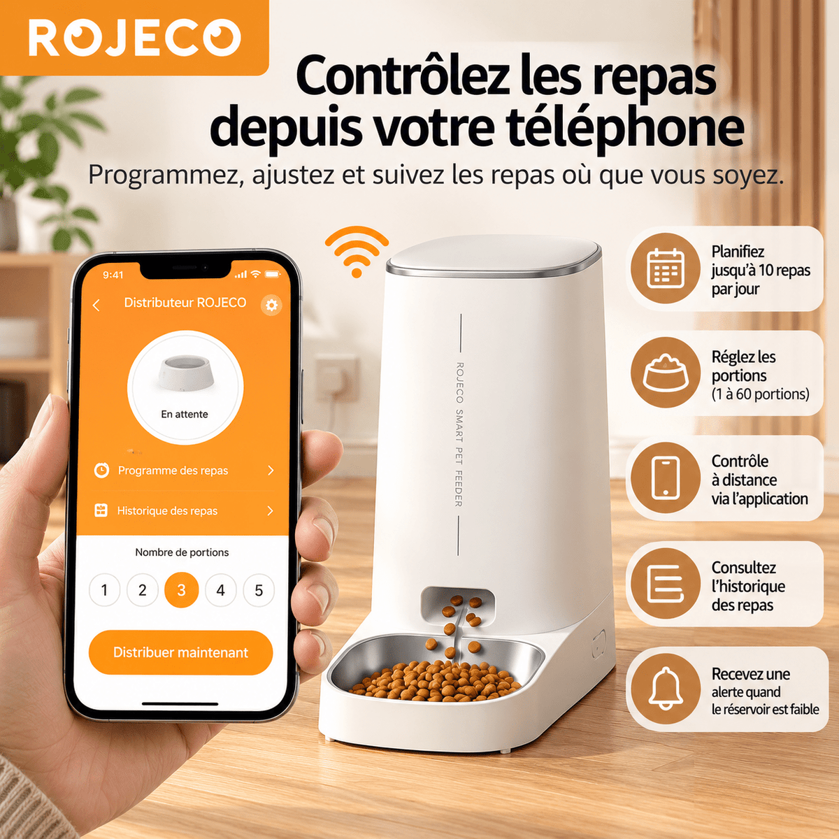 Distributeur automatique de croquettes ROJECO 4 L Wi-Fi avec application mobile pour programmer les repas, régler les portions et consulter l'historique des distributions.