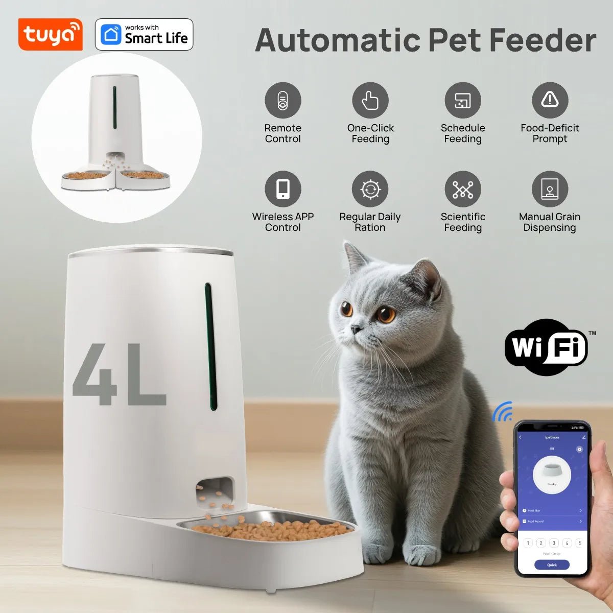 Distributeur automatique croquettes chat WiFi 4L blanc avec chat gris et contrôle application mobile
