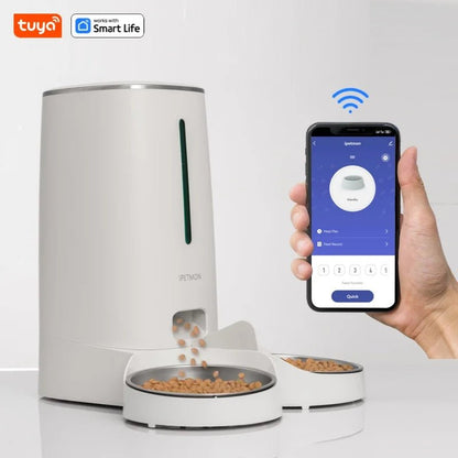 Distributeur chat WiFi 4L double bols Tuya Smart Life - distribution croquettes en action, contrôle app smartphone