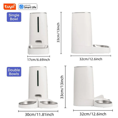 Comparaison distributeur chat 4L - version simple 17x33cm vs double gamelles 30x33cm avec dimensions détaillées