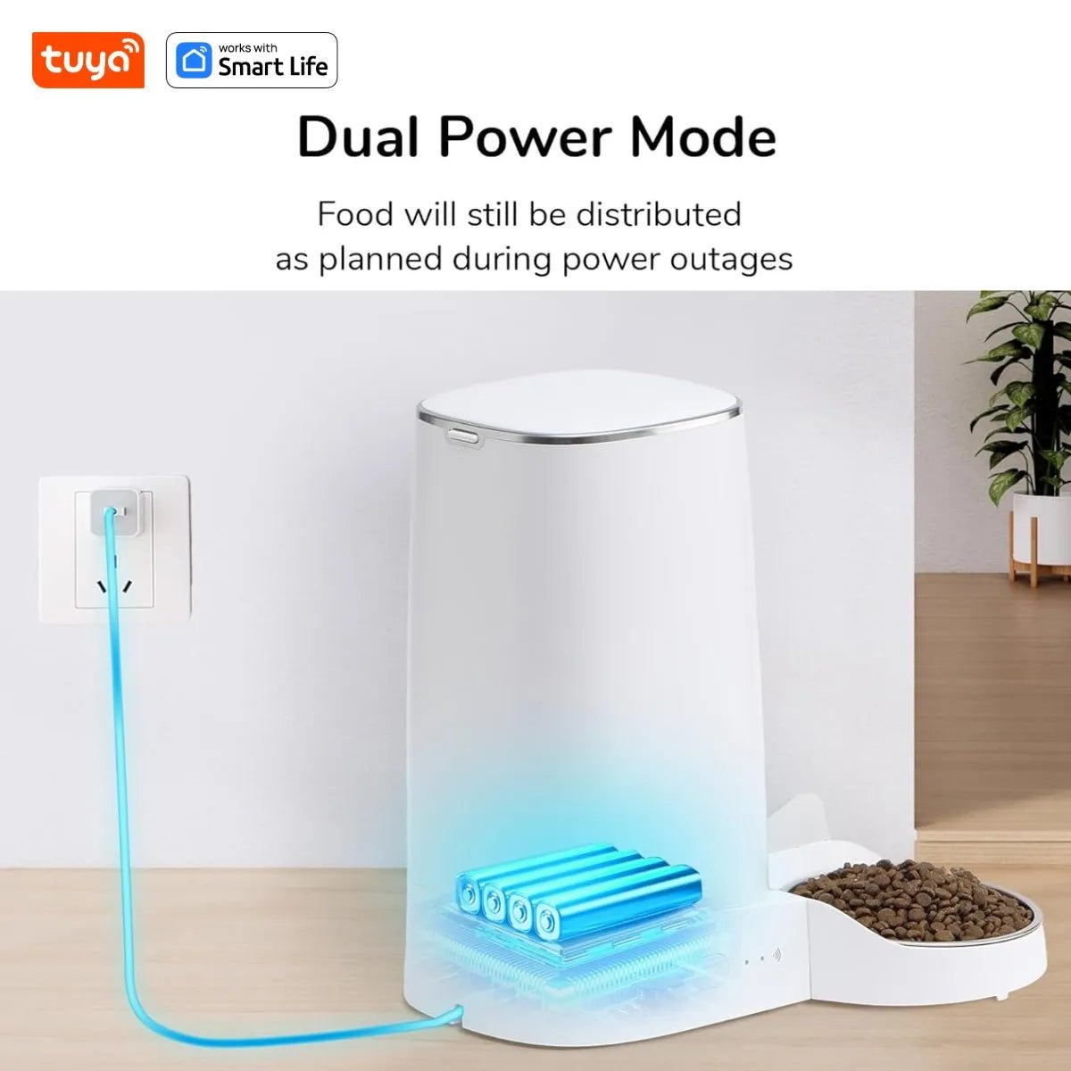 Distributeur automatique chat 4L Tuya Smart Life - double alimentation secteur/piles pour croquettes sans coupure
