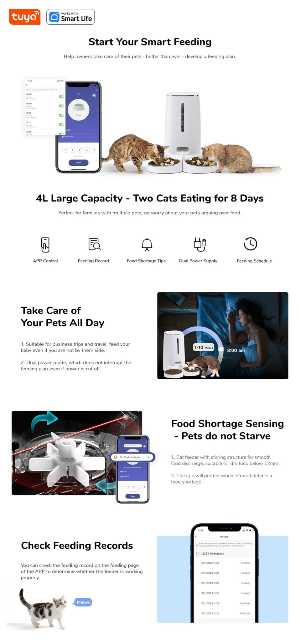 Interface app distributeur chat WiFi 4L - contrôle smartphone, capteur nourriture, historique portions, autonomie 8j/2 chats