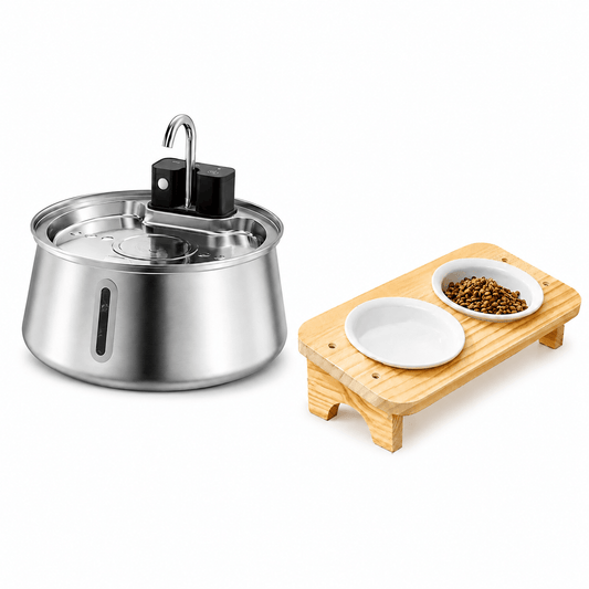 Fontaine 4 Litres et gamelle-chat-inclinee-anti-vomissement-ceramique-bois-miaoutable