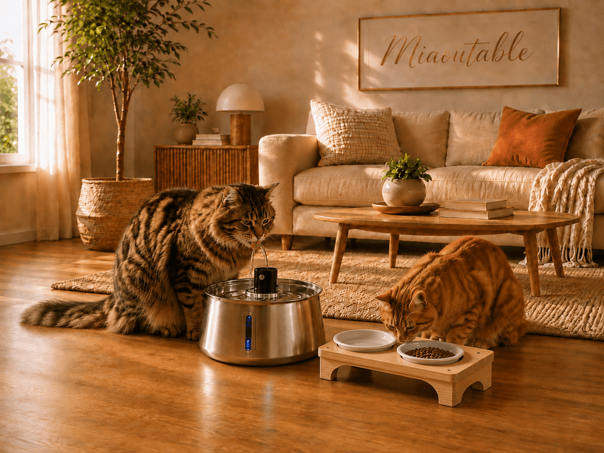 Deux chats utilisant l'ensemble MiaouTable — fontaine à eau inox 4L avec capteur et gamelle surélevée double bol, dans un salon moderne chaleureux
