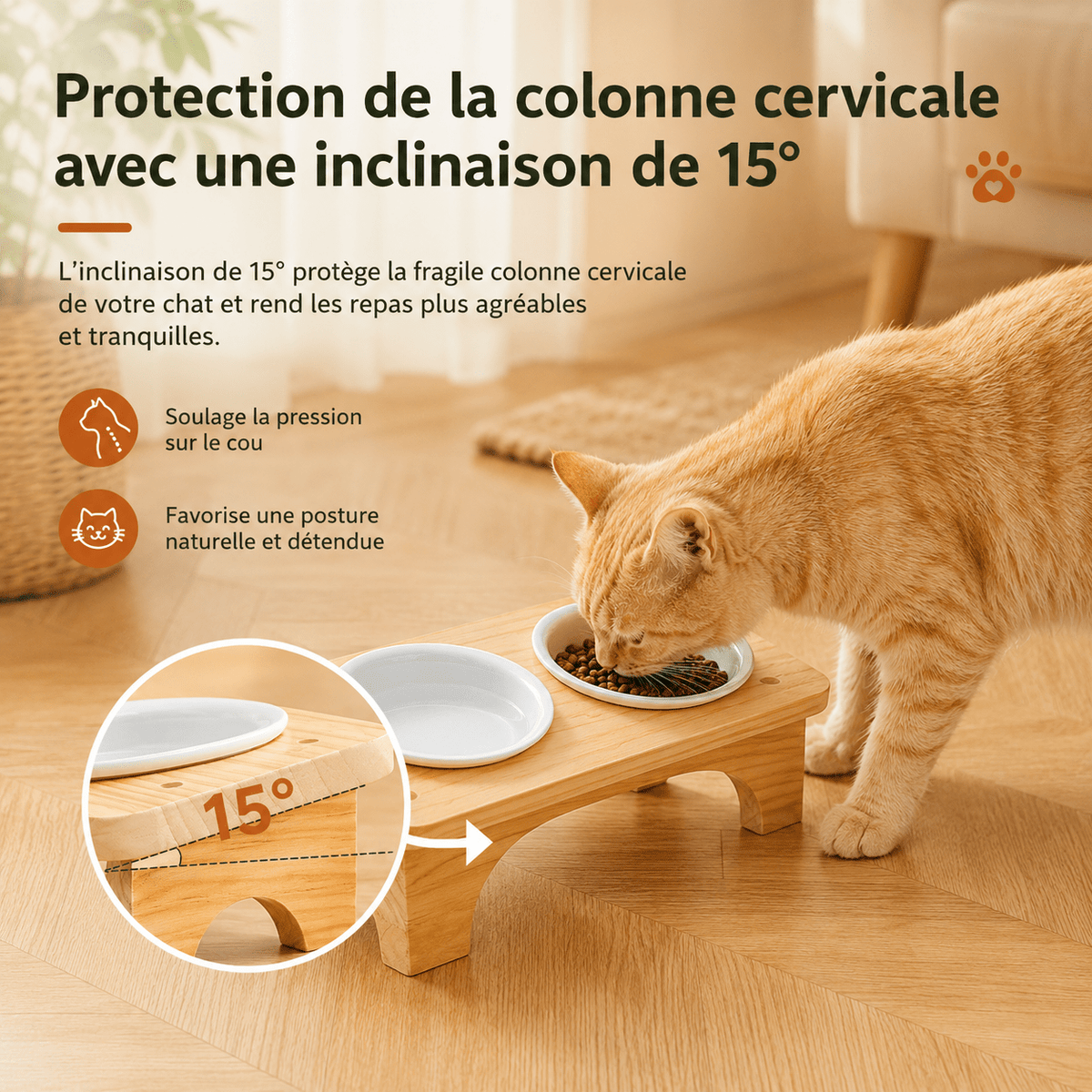 Gamelle chat surélevée 15° MiaouTable — infographie montrant la protection cervicale, posture naturelle et double bol céramique sur support bois