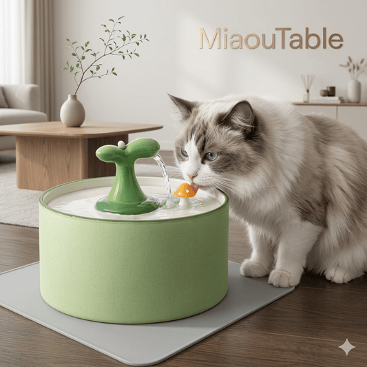 Un chat elegant boit de l'eau fraîche à une fontaine en acier inoxydable MiaouTable dans une cuisine moderne et lumineuse.