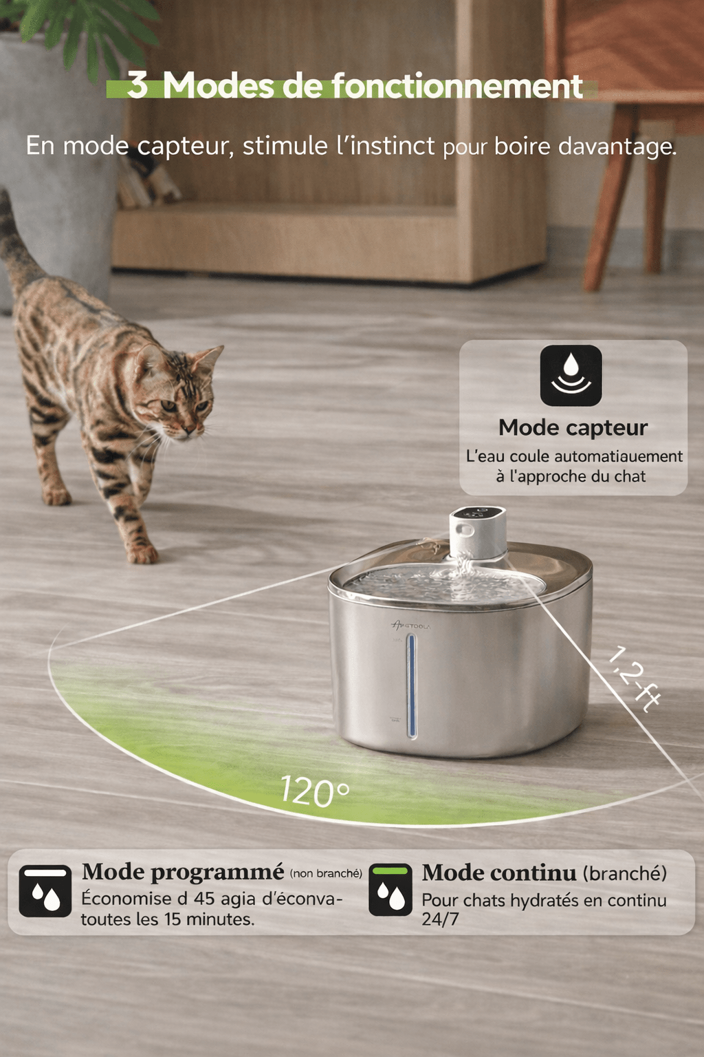 Fontaine à eau sans fil pour chat en inox avec 3 modes de fonctionnement : capteur automatique