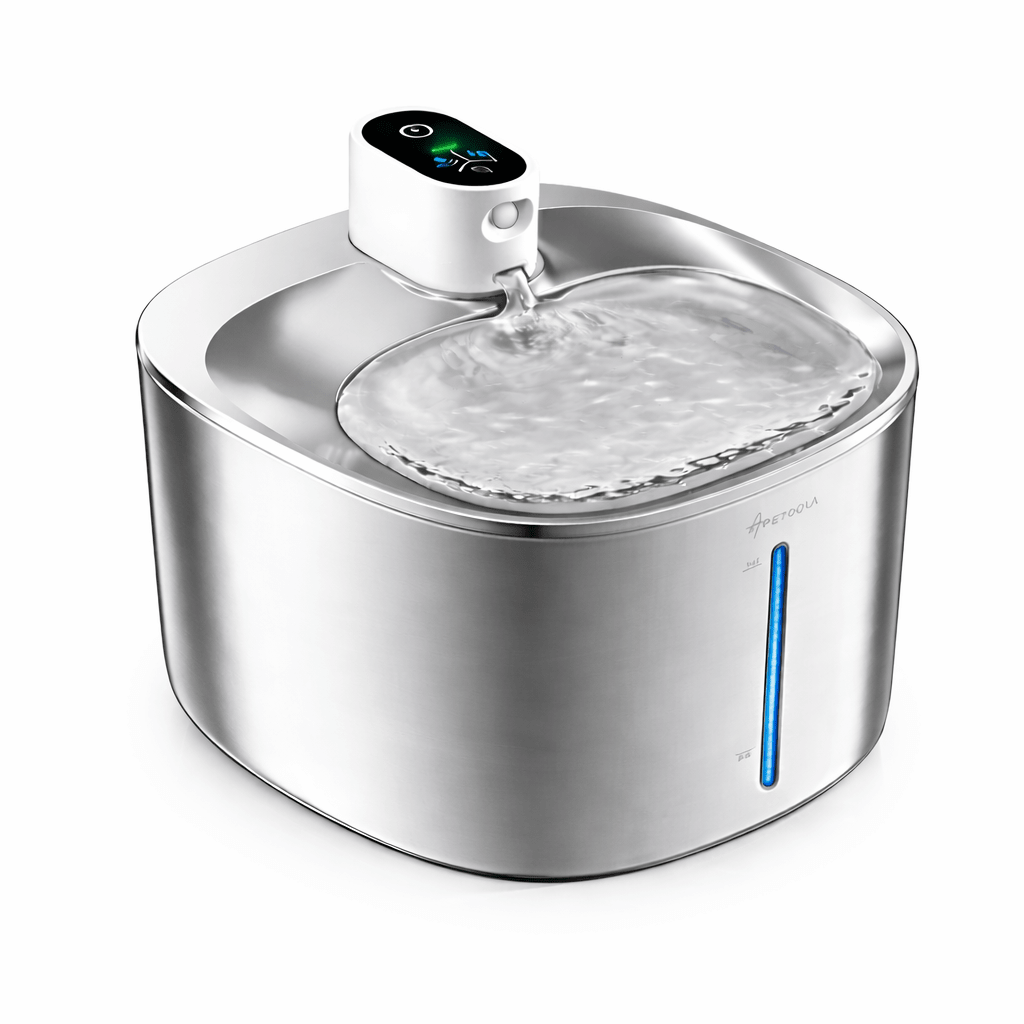 Fontaine à eau pour chat 4L en inox APETDOLA, modèle sans fil avec indicateur LED du niveau d'eau et panneau de contrôle intelligent.