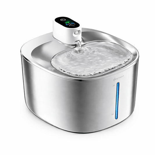 Fontaine à eau pour chat 4L en inox APETDOLA, modèle sans fil avec indicateur LED du niveau d'eau et panneau de contrôle intelligent.