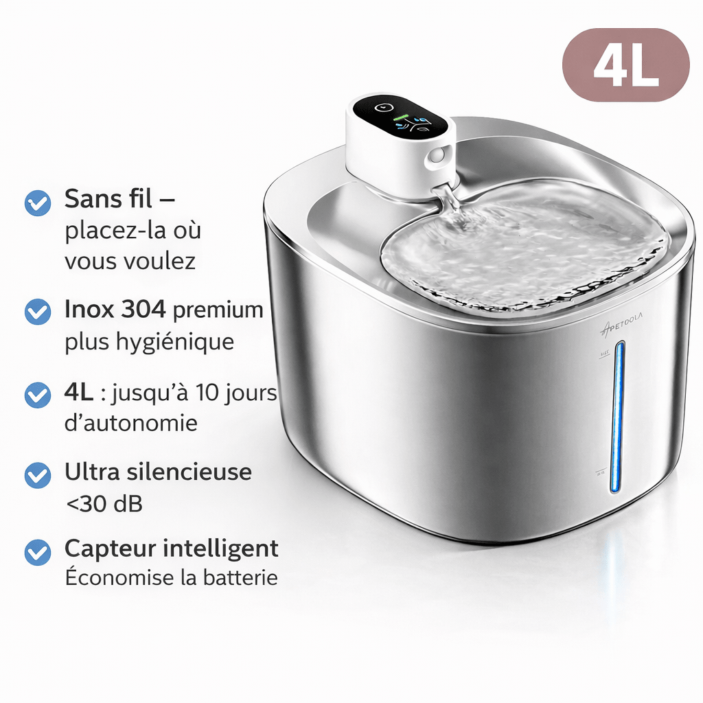 Fontaine à eau pour chat 4L en inox 304 sans fil, ultra silencieuse avec capteur intelligent et autonomie jusqu’à 10 jours – MiaouTable