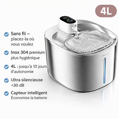 Fontaine à eau pour chat 4L en inox 304 sans fil, ultra silencieuse avec capteur intelligent et autonomie jusqu’à 10 jours – MiaouTable