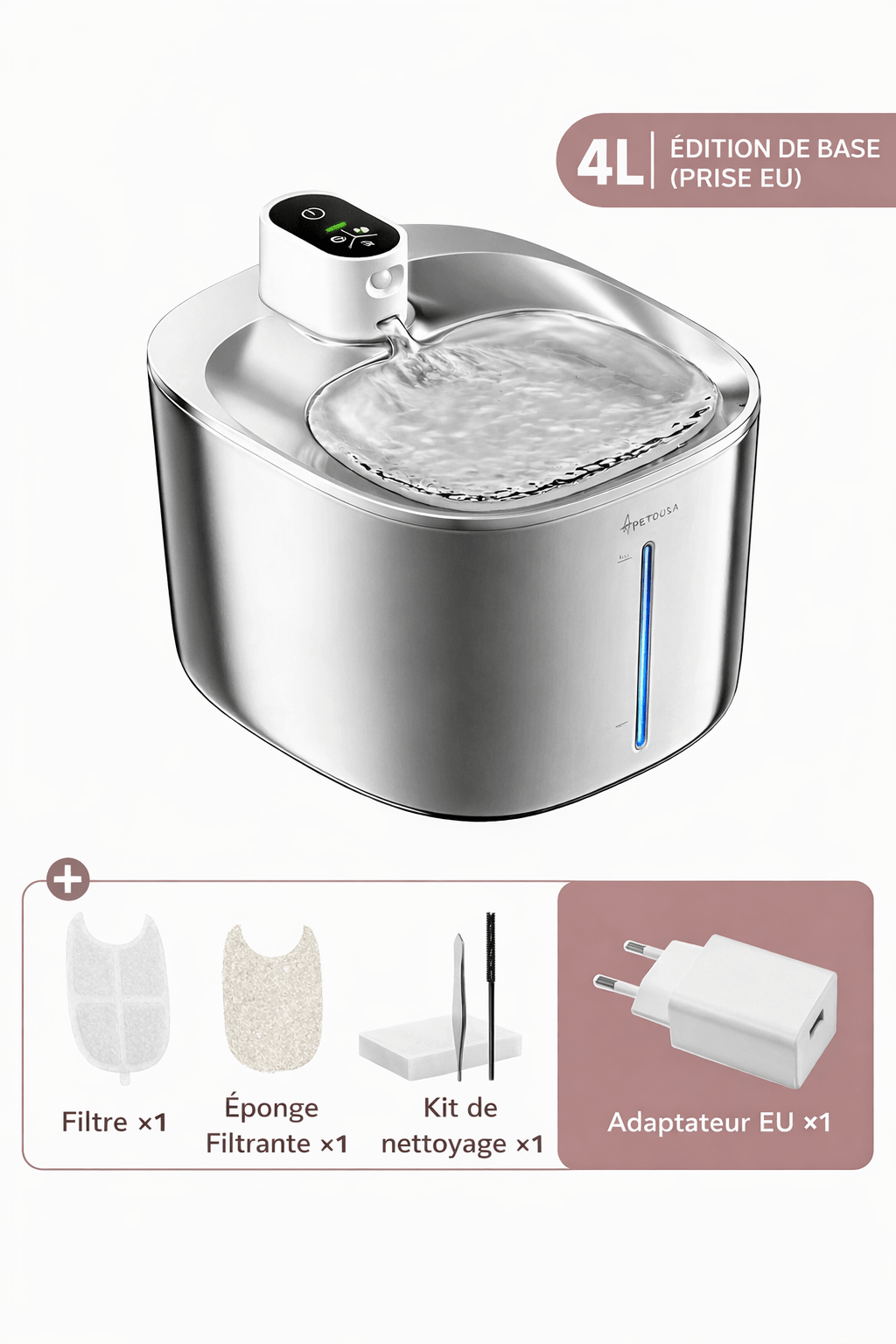 Fontaine à eau pour chat 4L en inox – Édition de base avec prise EU, filtre, éponges filtrantes, kit de nettoyage et adaptateur inclus