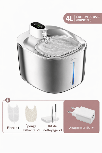 Fontaine à eau pour chat 4L en inox – Édition de base avec prise EU, filtre, éponges filtrantes, kit de nettoyage et adaptateur inclus