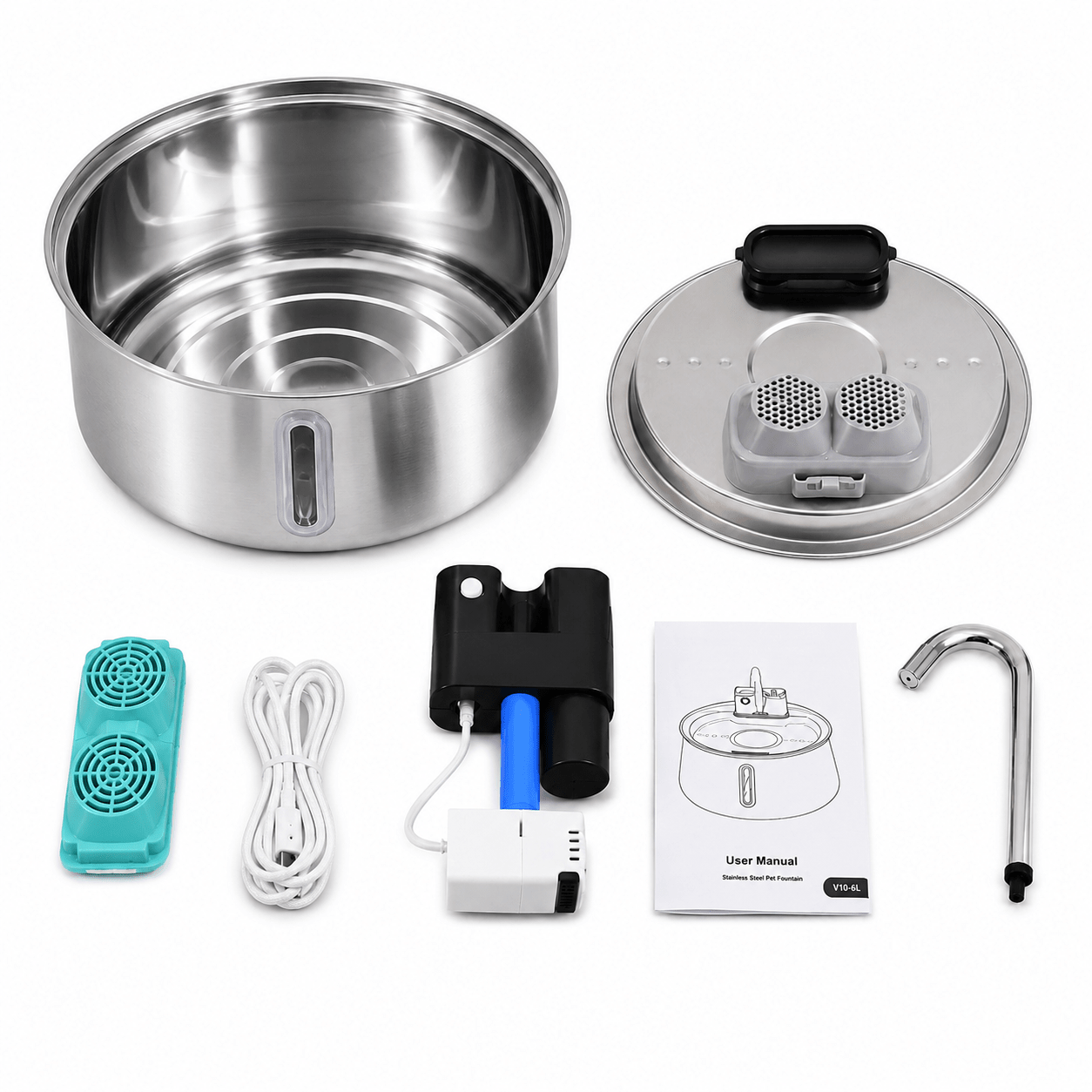 Contenu du colis de la fontaine à eau sans fil MiaouTable 4 L en inox 304 : réservoir en acier inoxydable, couvercle, pompe, filtre, câble USB, bec verseur en inox et manuel d’utilisation.