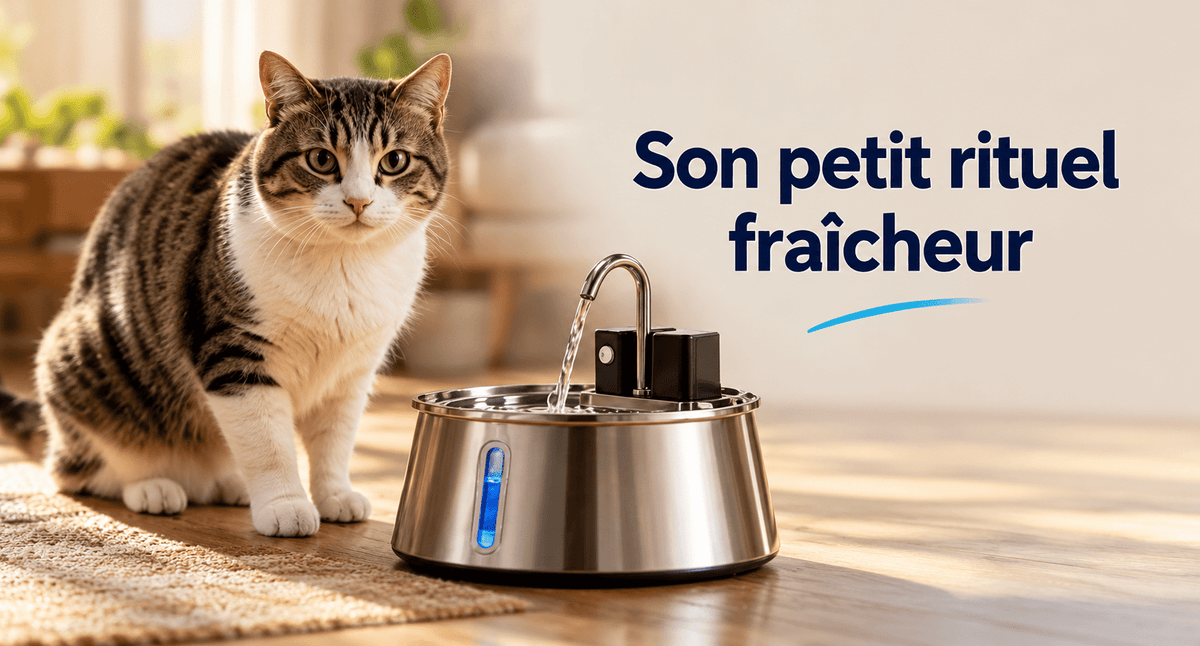 Rituel Chat tigré buvant dans une fontaine à eau pour chat en inox 2,5 L MiaouTable, avec eau en mouvement dans un salon