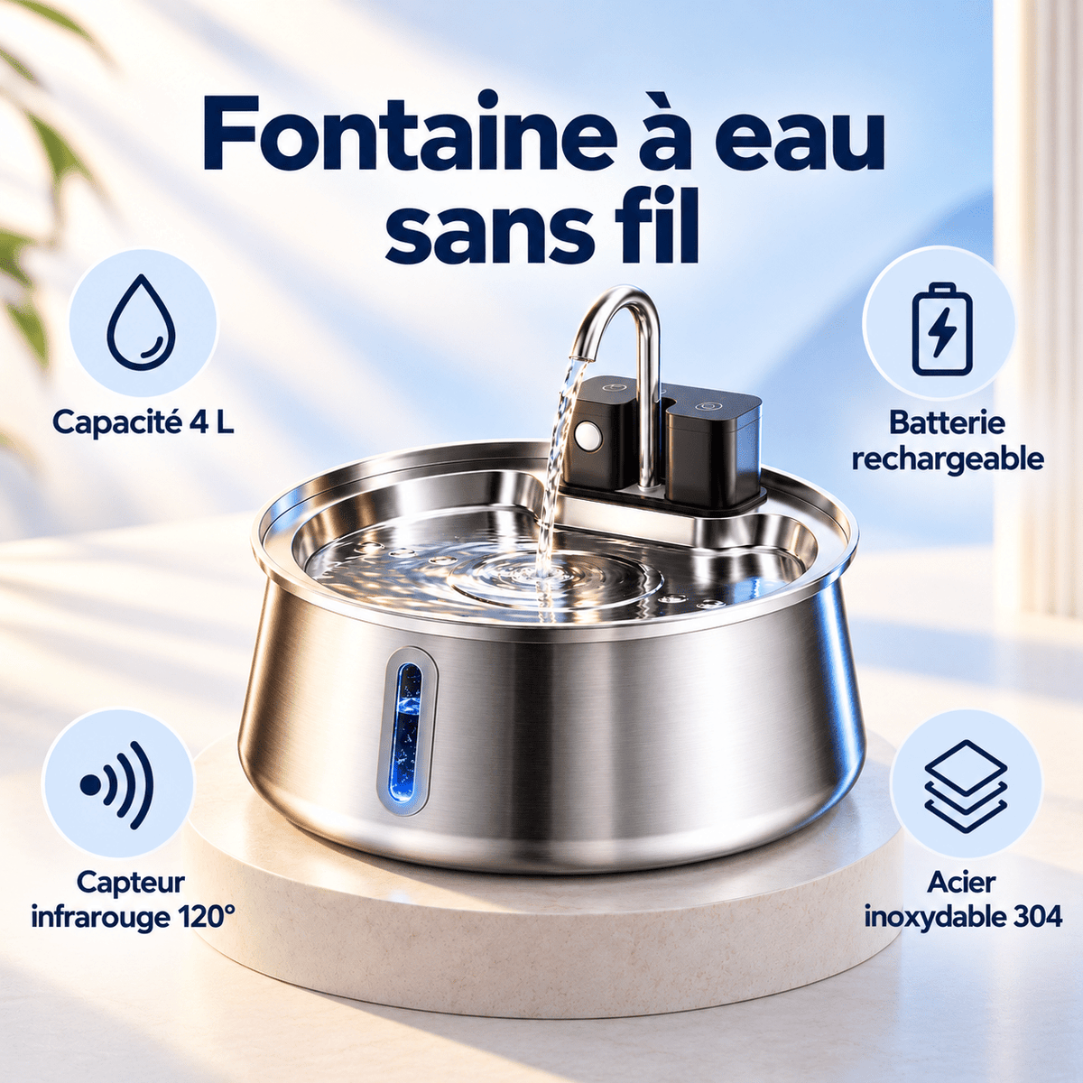 Présentation fontaine-a-eau-chat-sans-fil-4l-robinet-capteur-120-inox-304-45-jours-dautonomie
