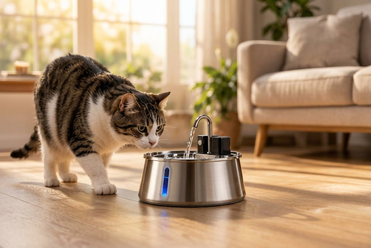 Chat tigré qui boit à la fontaine à eau sans fil inox 304 4L MiaouTable avec robinet capteur infrarouge, dans un salon cosy.