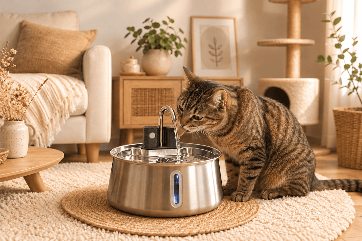 Chat tigré qui boit à la fontaine à eau sans fil inox 304 4L MiaouTable avec robinet capteur infrarouge, dans un salon cosy.