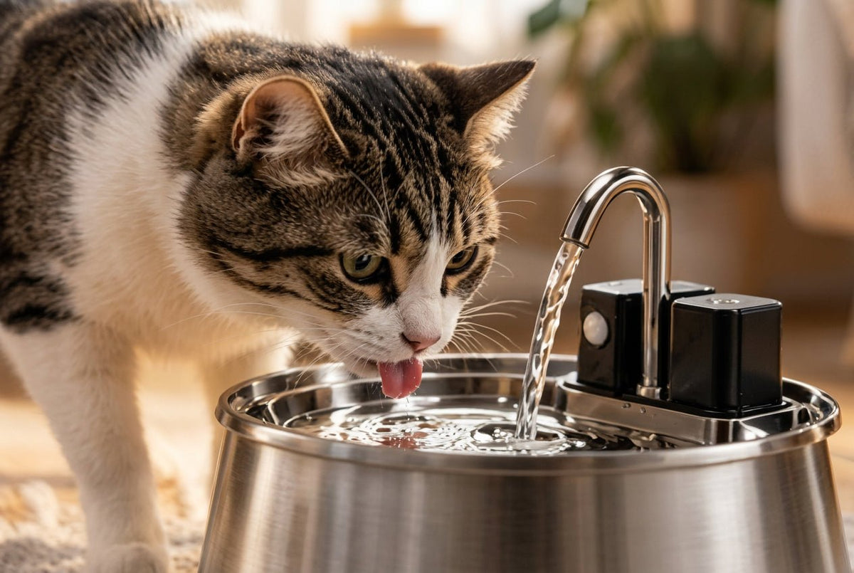Chat tigré qui boit à la fontaine à eau sans fil inox 304 4L MiaouTable avec robinet capteur infrarouge, dans un salon cosy.