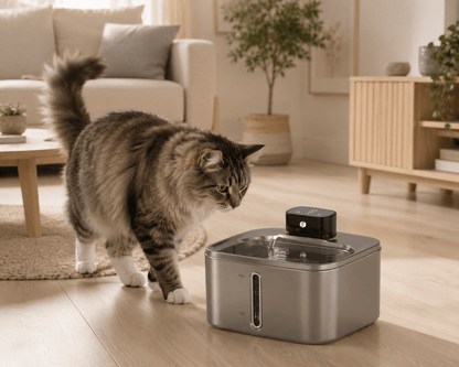 Chat tabby s'approchant de la fontaine à eau chat 4L sans fil inox 304 avec capteur infrarouge — ambiance salon naturel