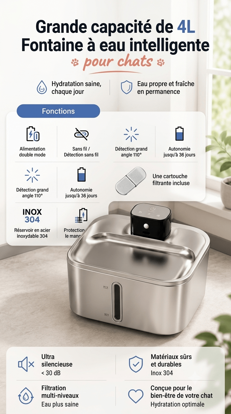 Fontaine à eau chat 4L sans fil — Inox 304, capteur infrarouge, batterie 4000 mAh