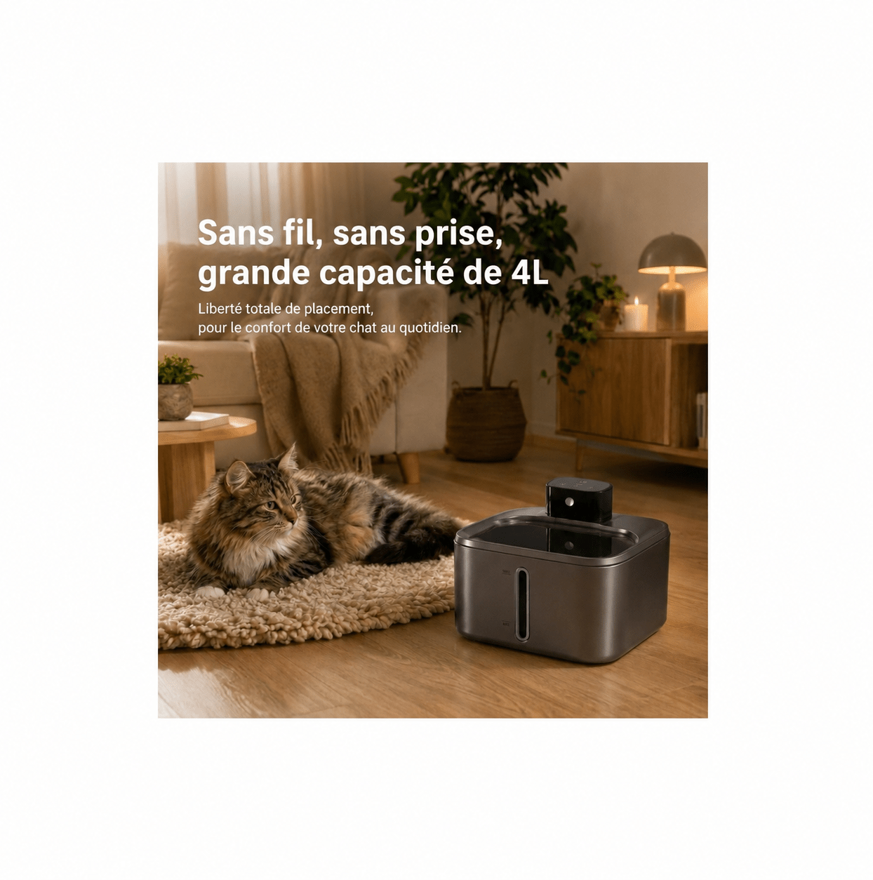 Fontaine à eau chat 4L sans fil inox 304 — sans prise, liberté de placement, chat allongé près de la fontaine capteur infrarouge