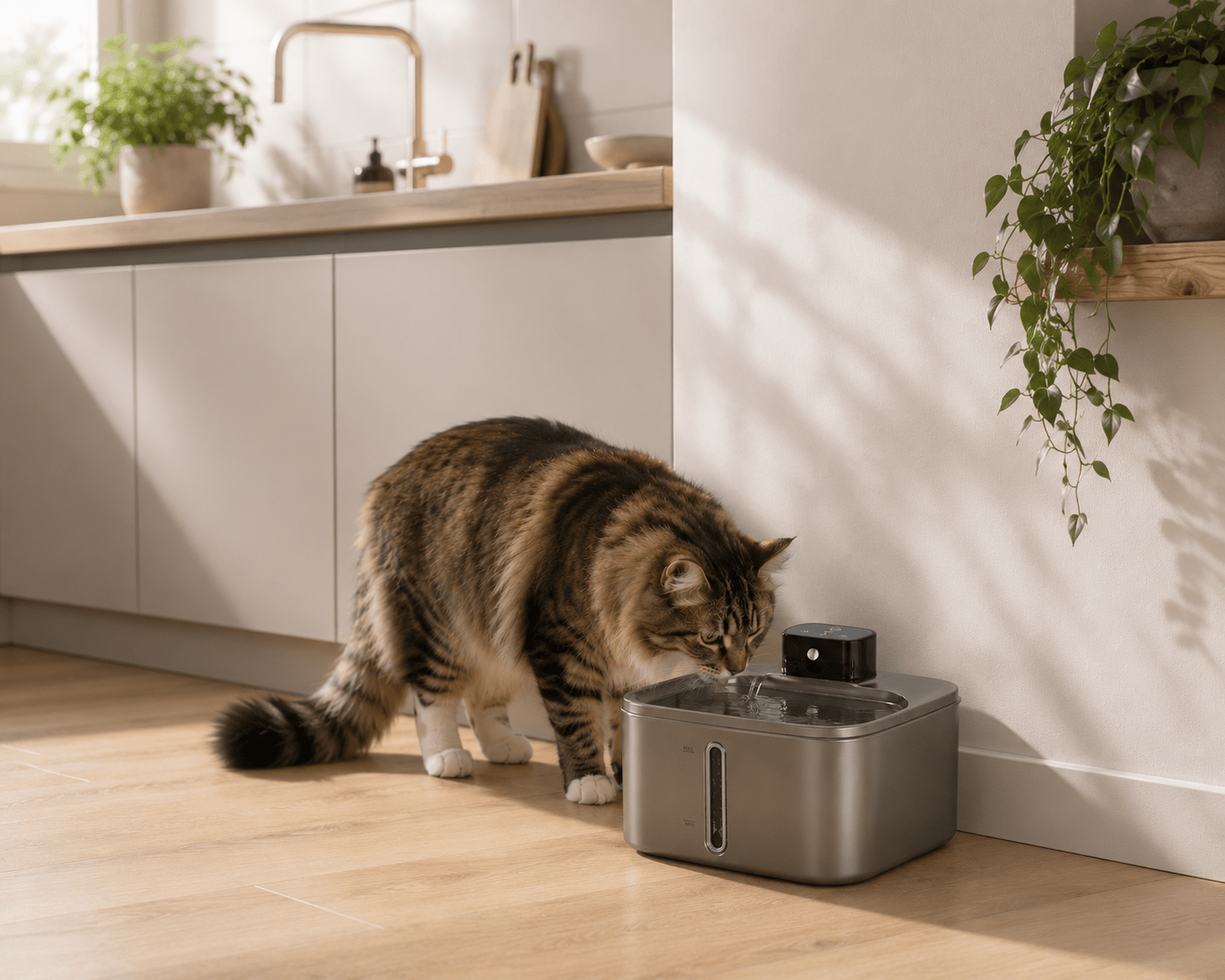 Chat tabby buvant à la fontaine à eau 4L sans fil inox 304 capteur infrarouge — cuisine lumineuse, usage quotidien