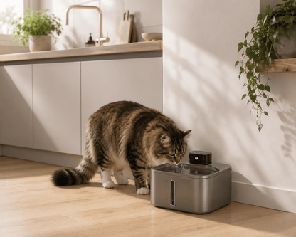 Chat tabby buvant à la fontaine à eau 4L sans fil inox 304 capteur infrarouge — cuisine lumineuse, usage quotidien