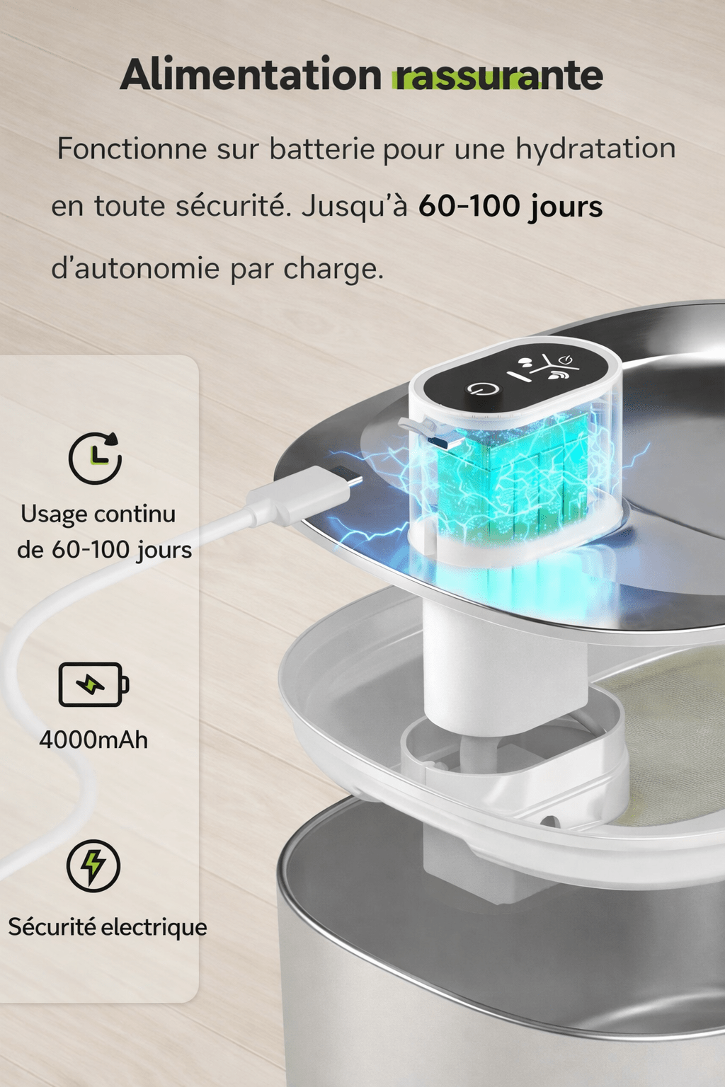 Batterie 4000mAh d'une fontaine à eau sans fil pour chat, offrant 60 à 100 jours d'autonomie, sécurité électrique renforcée et recharge USB.